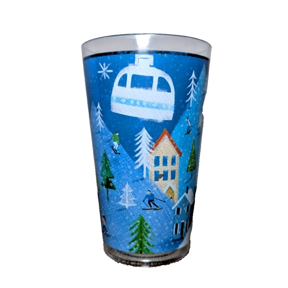 Ski Lodge Acrylic Tumblers Cups 4-Pc Snow Skiing Mountains Trees 19-oz Blue NEW